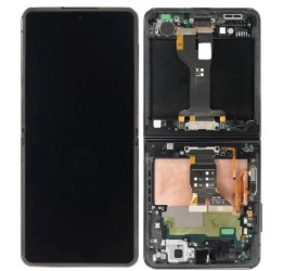 Galaxy Z Flip8 display mounted in its frame, front glass beside the open rear showing both hinged halves