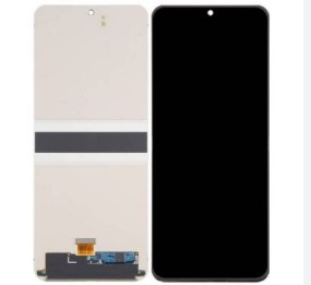Galaxy Z Flip8 folding display assembly, black front glass beside the cream backing and ribbon cable