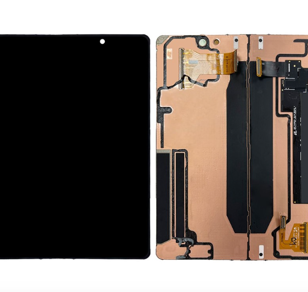Galaxy Z Fold7 inner display assembly, wide black panel beside its copper backing and ribbon cables