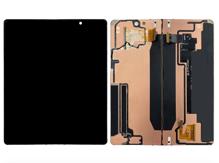 Galaxy Z Fold7 inner display assembly, wide black panel beside its copper backing and ribbon cables