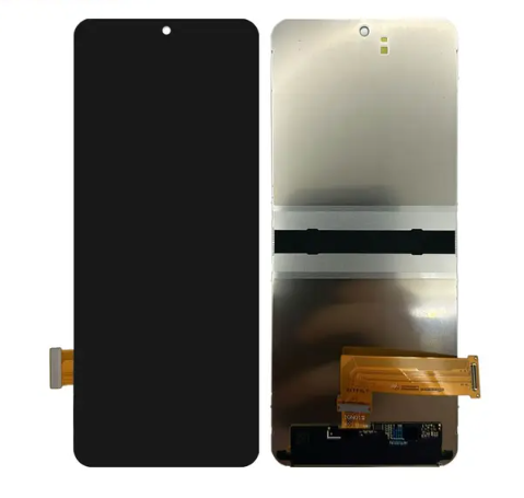 Galaxy Z Flip7 folding display assembly, black front glass beside the cream backing and orange ribbon