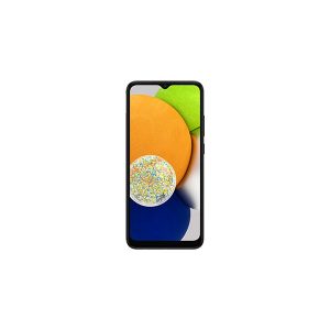 Samsung Galaxy A03 front view in black, teardrop notch at the top and coloured circles on screen