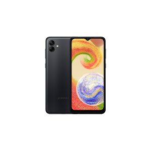 Samsung Galaxy A04 in black, rear panel with two cameras and flash shown beside the front screen