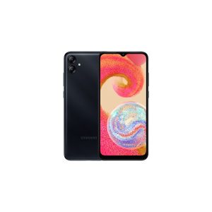 Samsung Galaxy A04e in black, two rear cameras on the back panel and the notched screen alongside