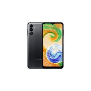Samsung Galaxy A04s in black, back with three stacked rear cameras next to the front screen
