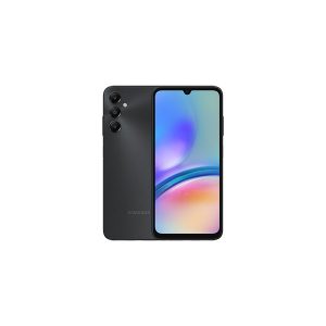 Samsung Galaxy A05s in black, three rear cameras in a vertical line and the front screen alongside
