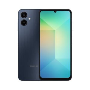 Samsung Galaxy A06 in dark navy, ribbed back with two rear cameras shown next to the front