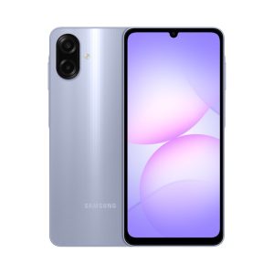 Samsung Galaxy A07 in pale blue, back with two cameras in an oval bump beside the front