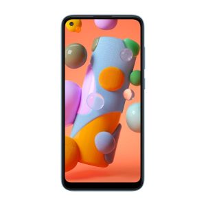 Samsung Galaxy A11 front view with a light blue frame and a punch hole camera top left
