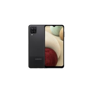Samsung Galaxy A12 in black, back and front, with four rear cameras in a square block