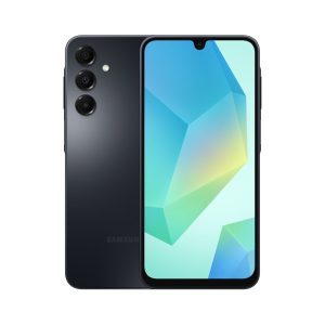 Samsung Galaxy A16 in black, shown back and front, with three rear lenses stacked in a column