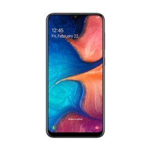 Samsung Galaxy A20 front view in black, waterdrop notch, lock screen showing the time and date