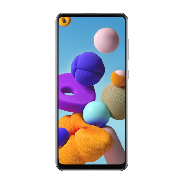 Samsung Galaxy A21s front view in black with a punch hole camera in the top left corner