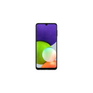 Samsung Galaxy A22 front view in black, waterdrop notch, purple and green shapes on the screen