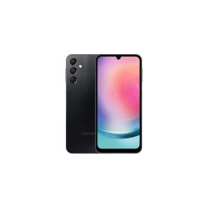 Samsung Galaxy A24 in black, rear panel with three stacked cameras next to the front screen