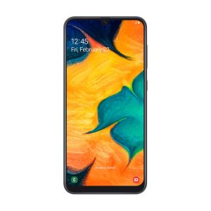 Samsung Galaxy A30 from the front, black bezels and a lock screen reading 12:45