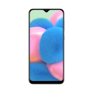 Samsung Galaxy A30s from the front in black, waterdrop notch and pink and blue wallpaper
