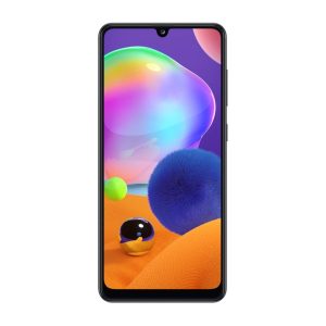 Samsung Galaxy A31 front view in black, waterdrop notch above an orange and purple wallpaper