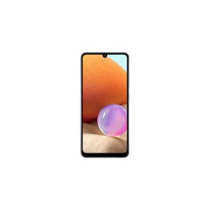 Samsung Galaxy A32 front view, pale lilac frame with slim bezels and a small waterdrop notch