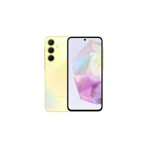 Samsung Galaxy A35 5G in pale yellow, back and front views, three rear cameras in a vertical row