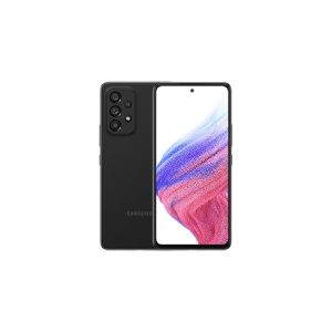 Samsung Galaxy A53 5G in black, back and front views, rear cameras grouped in a raised square block