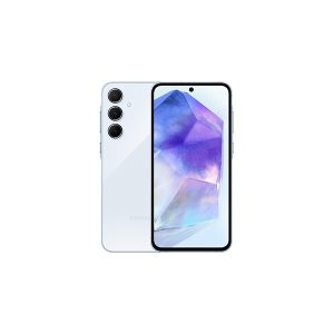 Samsung Galaxy A55 5G in pale blue, back and front views, three rear lenses in a vertical row