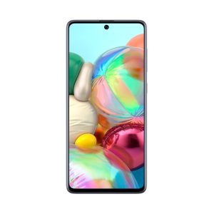 Samsung Galaxy A71 seen from the front, silver frame, centre punch-hole camera and a balloon wallpaper