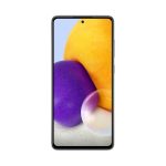 Samsung Galaxy A72 front view with a silver frame, centre punch-hole camera and orange and purple wallpaper