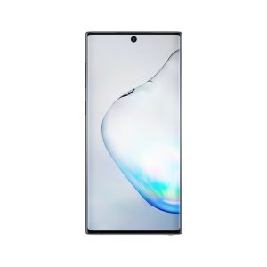 Samsung Galaxy Note10 front view in black, centre punch-hole camera and blue aurora wallpaper
