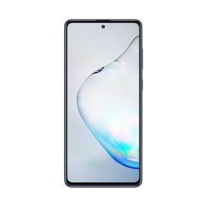 Samsung Galaxy Note10 Lite seen from the front in black, flat screen with a centre punch-hole camera