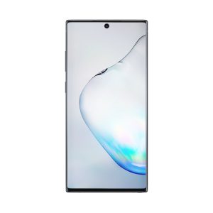 Samsung Galaxy Note10+ front view in black with curved screen edges and a centre punch-hole camera