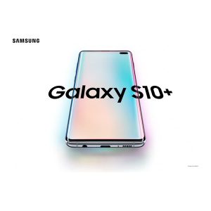 Samsung Galaxy S10+ tilted front view on white, pastel screen and two hole-punch front cameras