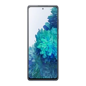 Samsung Galaxy S20 FE front view with a navy frame and centred hole-punch camera