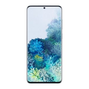 Samsung Galaxy S20+ front view in light blue, curved edges and a centred hole-punch camera