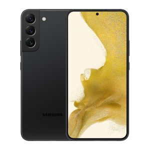 Samsung Galaxy S22+ 5G in black, back and front views, three rear cameras in a raised block