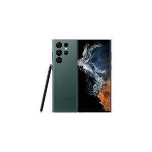 Samsung Galaxy S22 Ultra 5G in dark green with its S Pen, shown from back and front