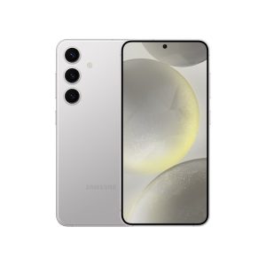 Samsung Galaxy S24 in light grey with flat sides, back and front views, three camera rings
