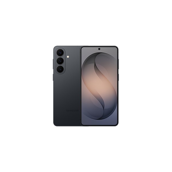 Samsung Galaxy S26+ in black, back with three raised cameras next to the front screen