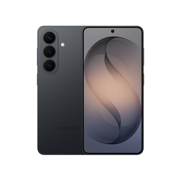 Samsung Galaxy S26 in black, three rear cameras on a raised block beside the front screen