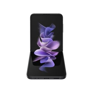 Samsung Galaxy Z Flip3 5G in black, unfolded and bent at the hinge, purple swirl wallpaper