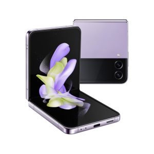 Samsung Galaxy Z Flip4 in lilac, one handset open and one closed showing two rear cameras
