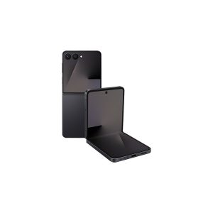 Samsung Galaxy Z Flip7 in black, one closed showing the edge to edge cover screen, one open