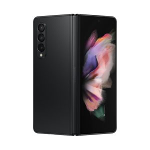 Samsung Galaxy Z Fold3 5G in black, folded shut at an angle, three rear cameras and cover screen