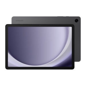 Samsung Galaxy Tab A9+ in dark grey, shown landscape with the screen in front and rear panel behind