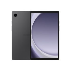 Samsung Galaxy Tab A9 in dark grey, front and back shown, one rear camera above the Samsung logo