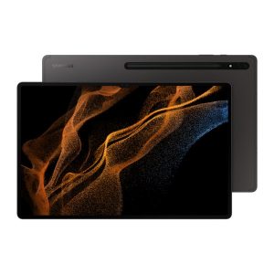Samsung Galaxy Tab S8 Ultra 5G in black, front with camera notch, back with the S Pen