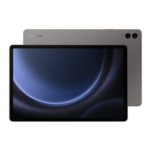 Samsung Galaxy Tab S9 FE+ 5G in light grey, front and back with two rear cameras